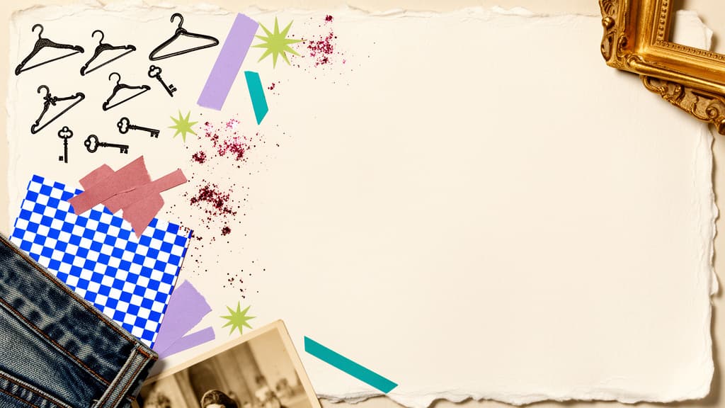 Thriftspell collage illustration with playful treasure-hunt motifs in pink, chartreuse, and cobalt
