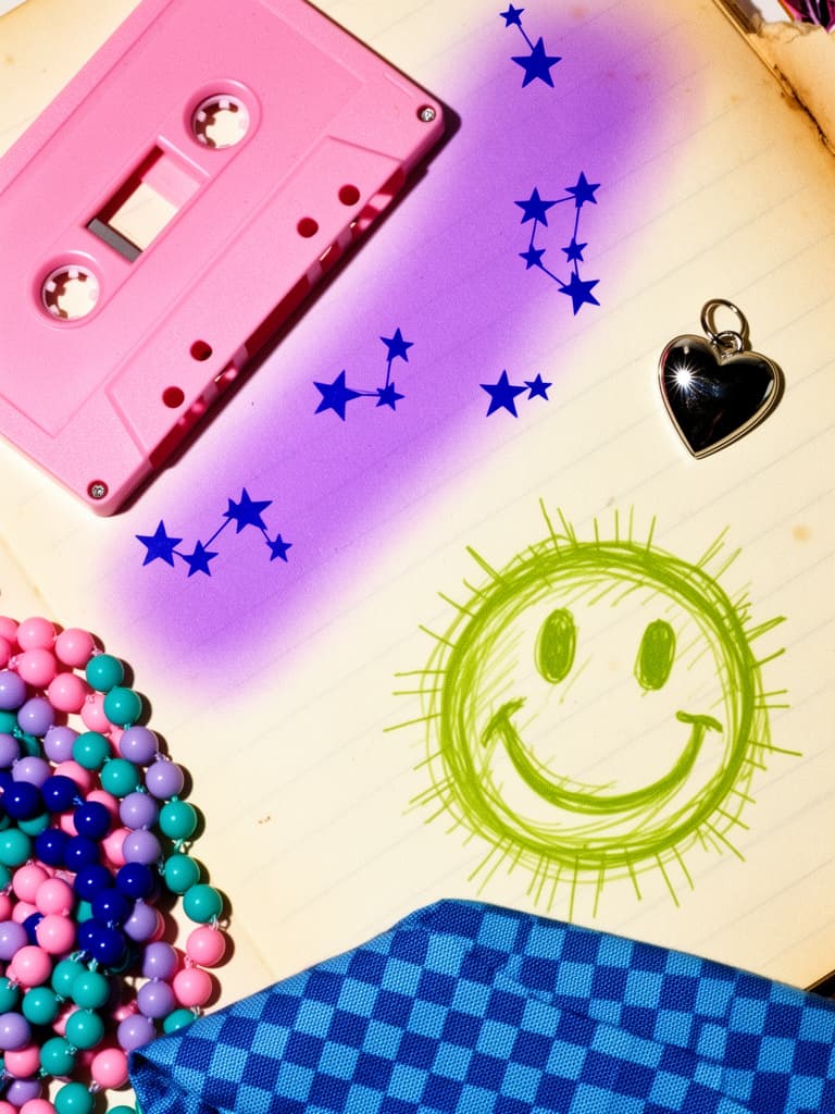 Y2K mood reference illustration with candy-colored analog details; not a preview of mystery box contents